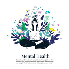 Mental health concept with meditates woman. Young girl doing breathing exercise, takes care of her mental well-being. Awareness, mindfulness and No stress. For flyer, banner, social media post, ads