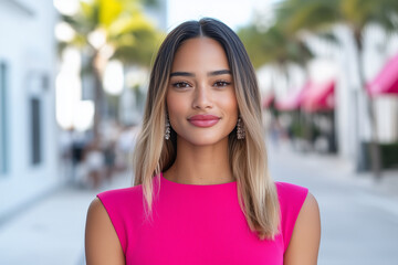 Woman Portrait Outdoor Street Fashion Style Beauty Shopping Life Pink Make-up Happy Young Stylish