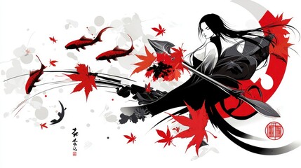 Naklejka premium Elegant Warrior Woman with Koi Fish and Maple Leaves in Japanese Style Artwork