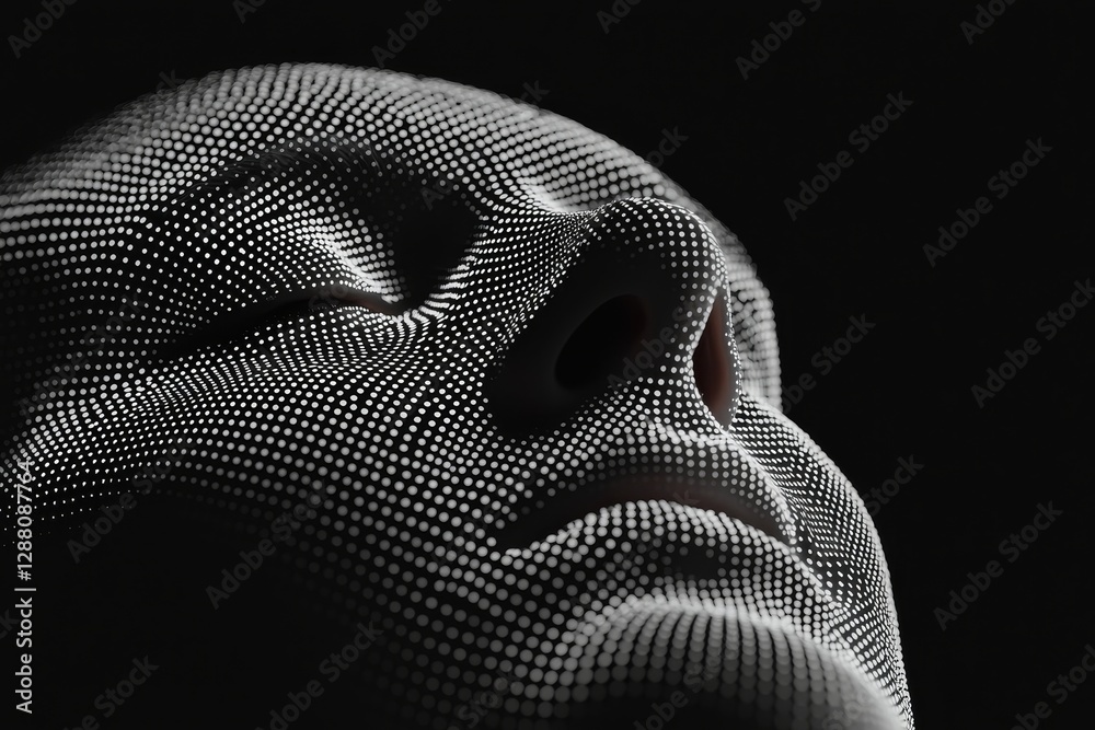 Poster the notion of stock or stock is represented by a human face comprised of binary codes, dots, and lin