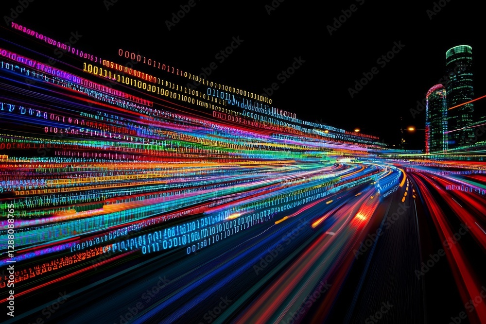 Poster the path to the digital world is paved with binary code and illuminated by light speed trails