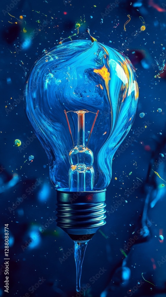 Poster artistic glass light bulb in dynamic swirling blue and orange colors with floating particles, abstra