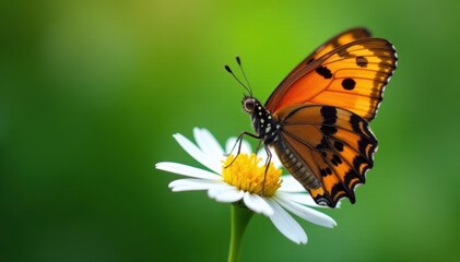 Obraz premium Delicate orange and black patterns of an orange tortoiseshell butterfly on a white flower, insect, pattern