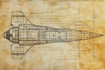 Obraz premium technical blueprint of sleek spacecraft design with intricate engineering details on aged paper texture