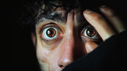 Naklejka premium Man with brown eyes and a beard is looking at the camera with a surprised expression. Concept of curiosity and intrigue, as the man's eyes seem to be wide open