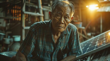 Obraz premium Old Thai people install solar cells on the roof Male engineer quality control solar panel industry telephoto lens realistic bright-dark contrast lighting