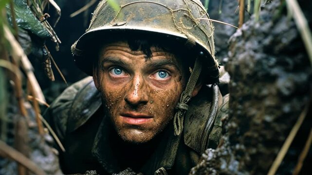 Soldier in muddy trench during World War, displaying determination and fear while seeking cover from enemy fire amid a chaotic battlefield