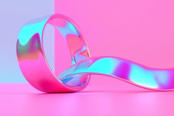 This abstract design is characterized by a 3D illustration of a wavy, holographic shape with an iridescent effect, influenced by the aesthetics of synthwave, retrowave, and vaporwave, and a retro