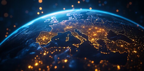 Earth View of Europe at Night Showing City Lights