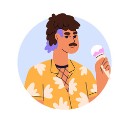 Fashion man avatar. Person with mustache, trendy style outfit, holding ice cream. Modern male user profile, circle portrait with summer icecream. Flat vector illustration isolated on white background