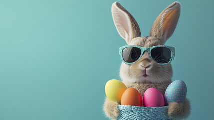 bunny wearing sunglasses holds colorful Easter eggs in basket