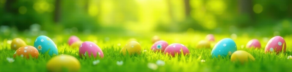 Colorful Easter eggs scattered in the lush green grass of a sunny meadow, eierfeld, oastereier im gras