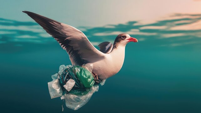 Ocean acidification idea. A seagull struggles in ocean pollution, highlighting urgent environmental concerns.