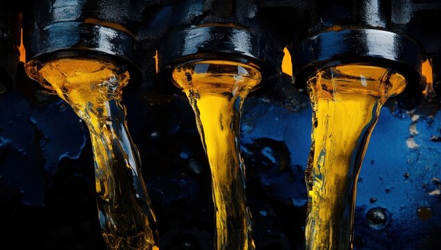 Golden liquid flows from industrial pipes against a dark blue background.  A dramatic image showcasing the texture and movement of the liquid.