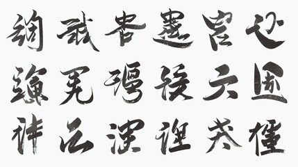 Chinese traditional brush calligraphy with hieroglyph stamp symbols, artistic ink strokes, oriental typography, cultural heritage, vintage asian script, and classic design