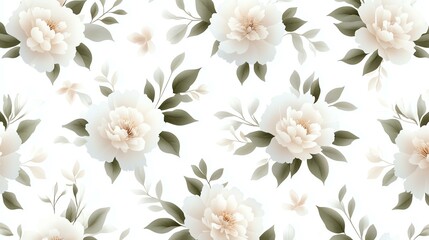 Fototapeta premium Elegant floral pattern with white flowers and green leaves on a seamless background, perfect for design projects.