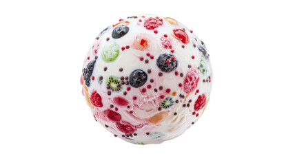 Brightly colored ice cream scoop with mixed fruits and toppings enjoyed during a sunny afternoon at a local park