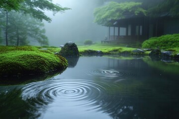 Obraz premium tranquil japanese zen garden in morning mist, with raindrops creating ripples on a reflecting pool, surrounded by moss-covered stones and minimal landscaping, ethereal atmosphere