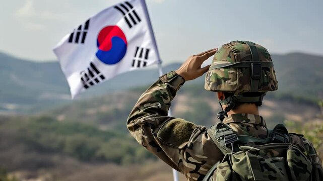 A Korean soldier in camouflage uniform salutes the South Korean flag while standing against a stunning mountainous backdrop. The scene reflects patriotism and dedication during military training.