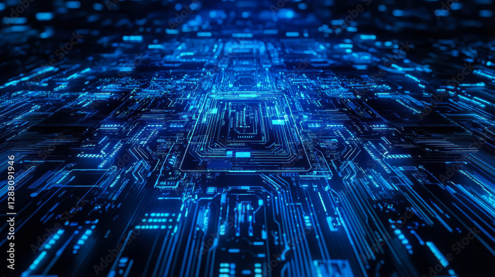 Poster digital circuit board illuminated with blue light showing intricate pathways and a central processin