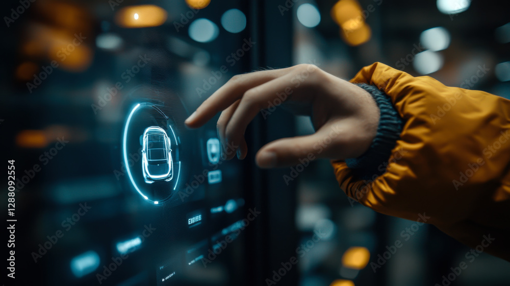 Poster hand interacting with digital interface displaying various vehicle icons and data in a modern enviro