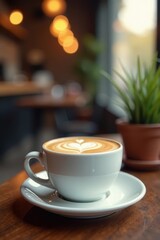 Fototapeta premium Creamy coffee, blurred cafe scene, soft focus , graphic, sweet