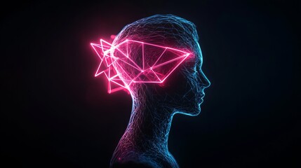 Woman's head is lit up in neon colors. The image is abstract and futuristic, with a sense of technology and artificial intelligence. The woman's face is the main focus, but the surrounding lines