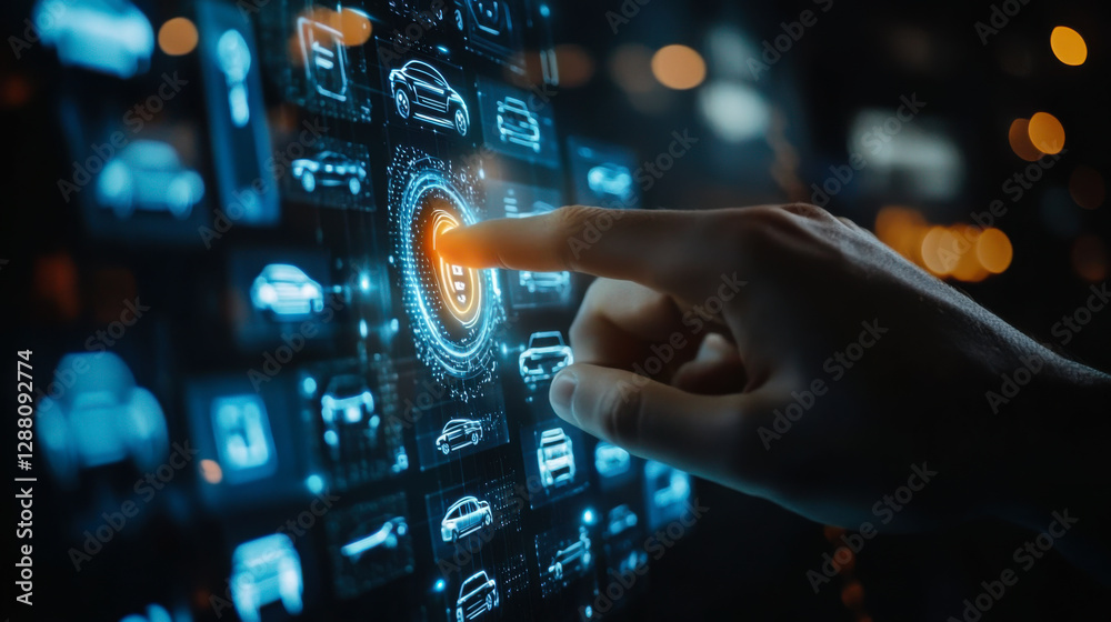 Poster hand interacting with digital interface displaying various vehicle icons and data in a modern enviro
