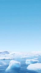 A serene blue background with icebergs floating in the water, creating an icy and cold atmosphere, Generative AI