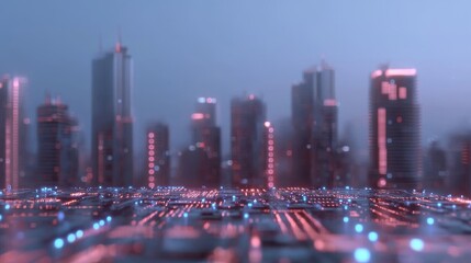 A futuristic city is represented by an abstract hologram, incorporating smart technology and advanced communication systems, all connected through a digital data network