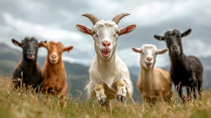 Obraz premium Group of goats are running through a field, with one of them having its mouth open. The scene is lively and playful, with the goats seemingly enjoying their time together