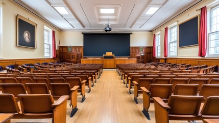 Empty academic space with wooden chairs and classic classroom aesthetics
