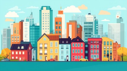  Modern urban landscape with house facades and city life in flat style. Contemporary cityscape illustration with buildings, streets, and urban details in vibrant vector design