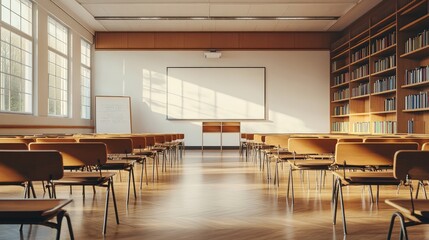 Empty high school classroom with modern chairs, large whiteboard, and bookshelves, D-rendered illustration