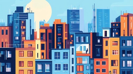  Modern urban landscape with house facades and city life in flat style. Contemporary cityscape illustration with buildings, streets, and urban details in vibrant vector design