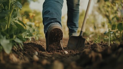 Fototapeta premium Close-up of a person using a shovel to dig in a garden, blurred green grass in the background