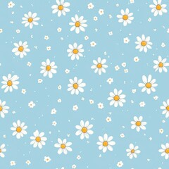 Seamless Tiny Scattered Daisies Pattern on Light Blue Wallpaper Background