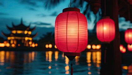 Obraz premium Illuminated Red Lanterns Adorn a Serene Asian Setting at Dusk