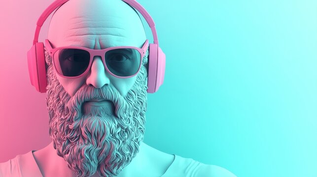 A statue of an antique bearded man is depicted wearing plastic violet sunglasses and pink headphones against a teal backdrop that enhances the Vaporwave aesthetic