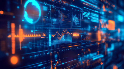 Digital interface displaying data analytics and visualizations in a futuristic environment with glowing elements