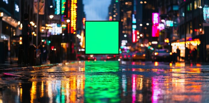 A green screen on an urban street advertising banner is set against blurred city lights, symbolizing the idea of a cityscape portrait with a green screen effect