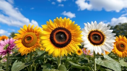 Fototapeta premium Vibrant Sunflowers in a Field under a Blue Sky. Possible use Stock photo for nature, garden, or agricultural themes