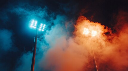 Obraz premium Digital art captures the essence of a night game, with bright stadium lights illuminating a smoky sports arena and a dramatic atmosphere