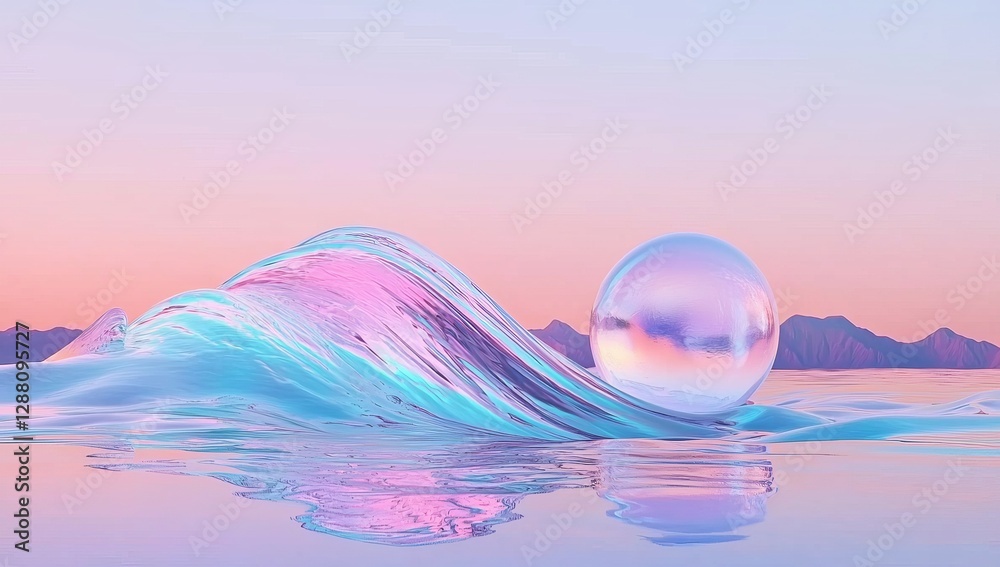 Poster futuristic 3d visualization of a holographic or iridescent abstract hovering fabric shape in front o