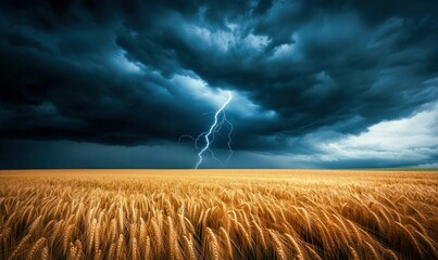 Dramatic Lightning Strike Over Golden Wheat Field Under Stormy Sky