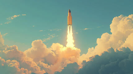 Powerful rocket launching through dramatic cloudscape a stunning spacecraft ascending towards bright