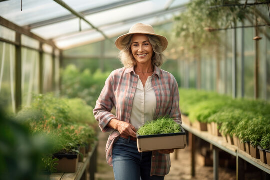 Female middle aged gardener with box walking in greenhouse