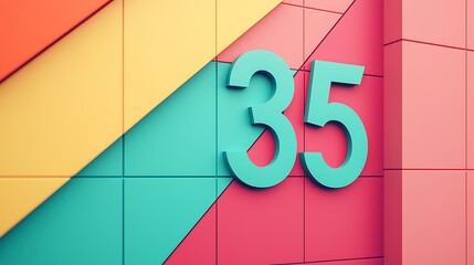 A vibrant, modern wall display featuring the number 35 in teal against a backdrop of colorful geometric shapes.