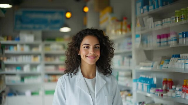 A confident female pharmacist stands in a well-organized pharmacy. She greets customers with a warm smile, showcasing her helpfulness and expertise.