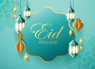 Eid Mubarak Greeting with Hanging Lanterns and Floral Patterns